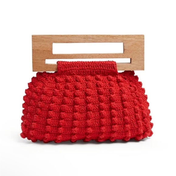 Cleobella Handbags - Cleobella Grenadine Tulum Red Crochet Knit Handbag Purse - Wood Handles 1970’s